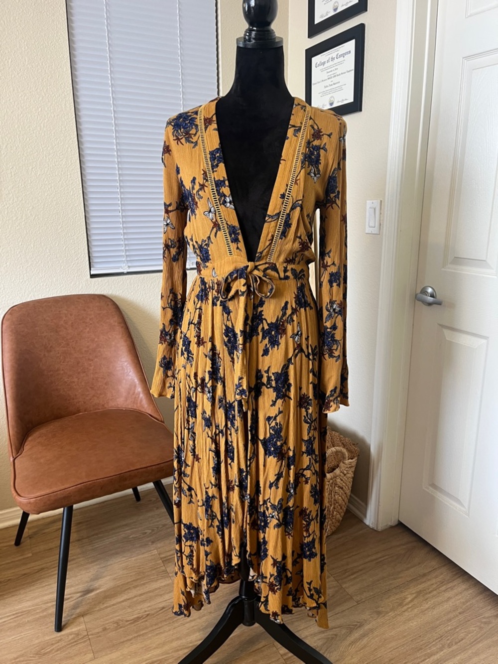 Dance & Marvel Mustard and Navy Floral Wrap Maxi Dress